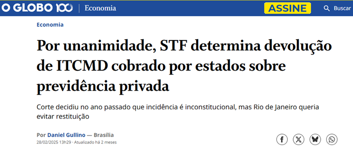 Devolução ITCMD no plano de previdencia privada apos decisão do STF
